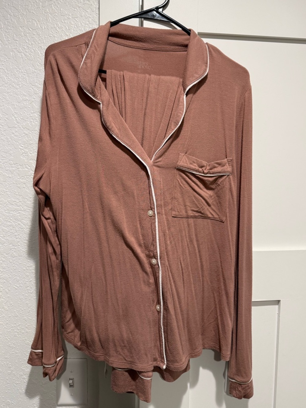 stars above Dusty Rose Long-Sleeve Button Pajama set with Contrast Piping